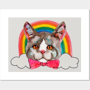 Cat in bow tie with rainbow Posters and Art